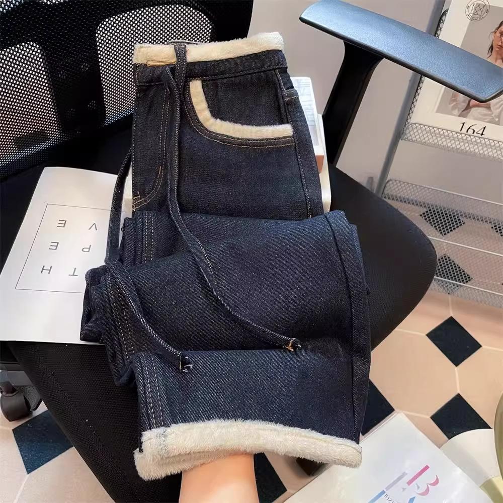 Women s High Rise Wide Leg Jeans Dark Blue Non-Stretch Fleece Lined Furry Patchwork Loose Straight Warm Winter Commuter Long Denim Trousers S