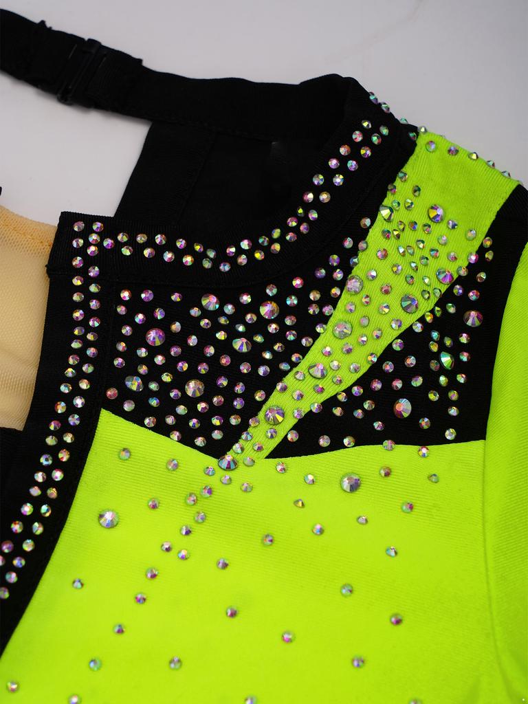 Girls Gymnastics Leotard Long Sleeve Keyhole Back Shiny Rhinestones Figure Skating Bodysuit