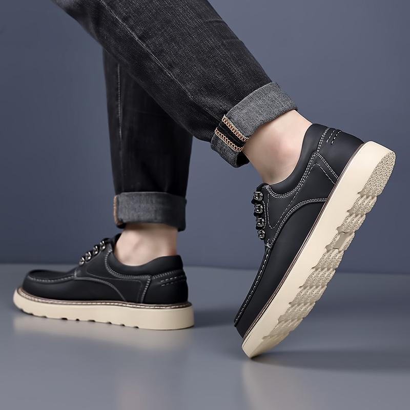 Mens Retro Stitch Leather Work Shoes Lace Up Platform Sole Non Slip Casual Oxford Outdoor Walking Business Footwear Fall Winter