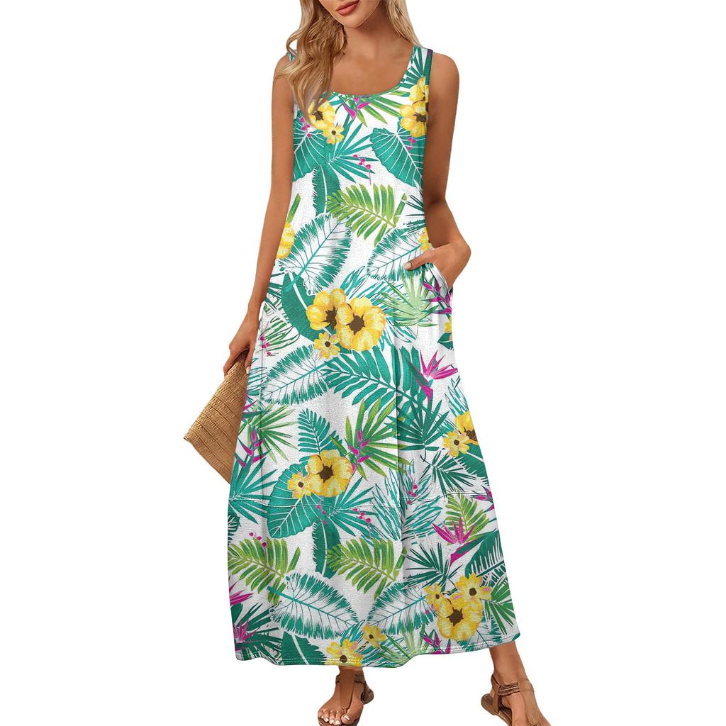 Damen Sommer Mode Rundhals Ärmellos Strandkleid Kleider mit Blumendruck