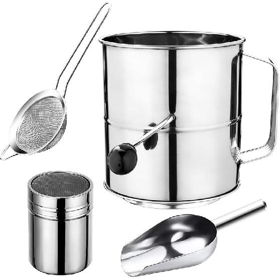Flour Sifter,8 Cup Stainless Steel Flour Sifter,4 in 1 Baking Sifter Set with Powder Sugar Shaker Duster,Strainers Fine Mesh and Metal Scoop for 5 Cup