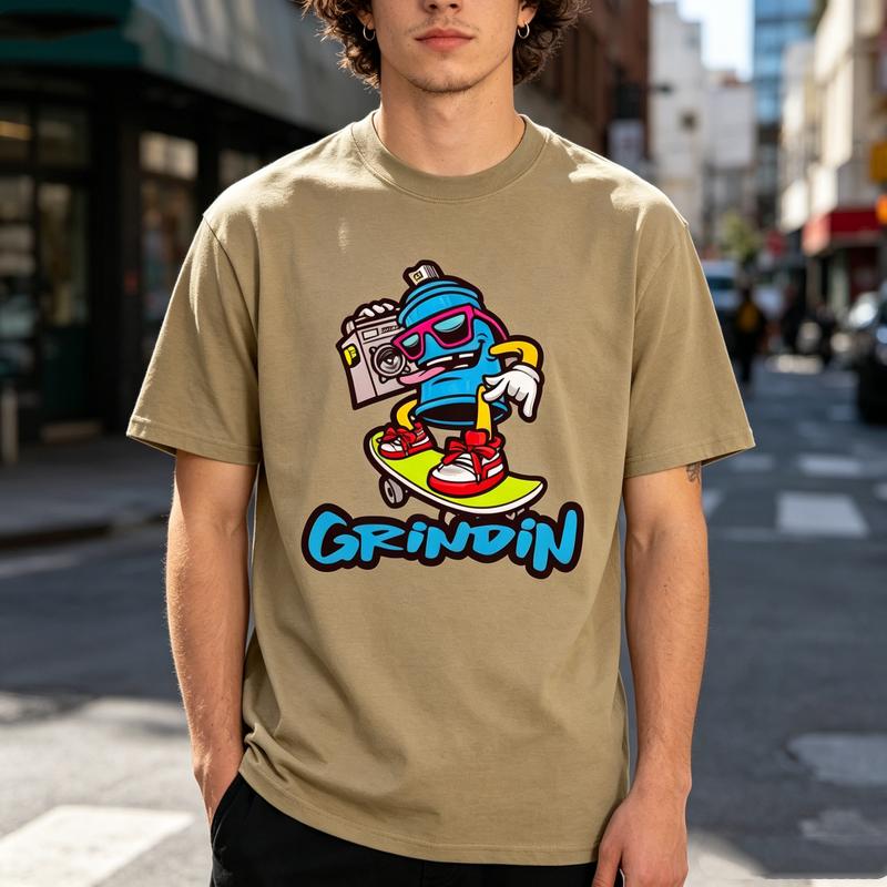 Grindin Skater Graphic T Shirt Funny Cartoon Character Print Unisex Soft Cotton Crew Neck Short Sleeve Trendy Casual Tops