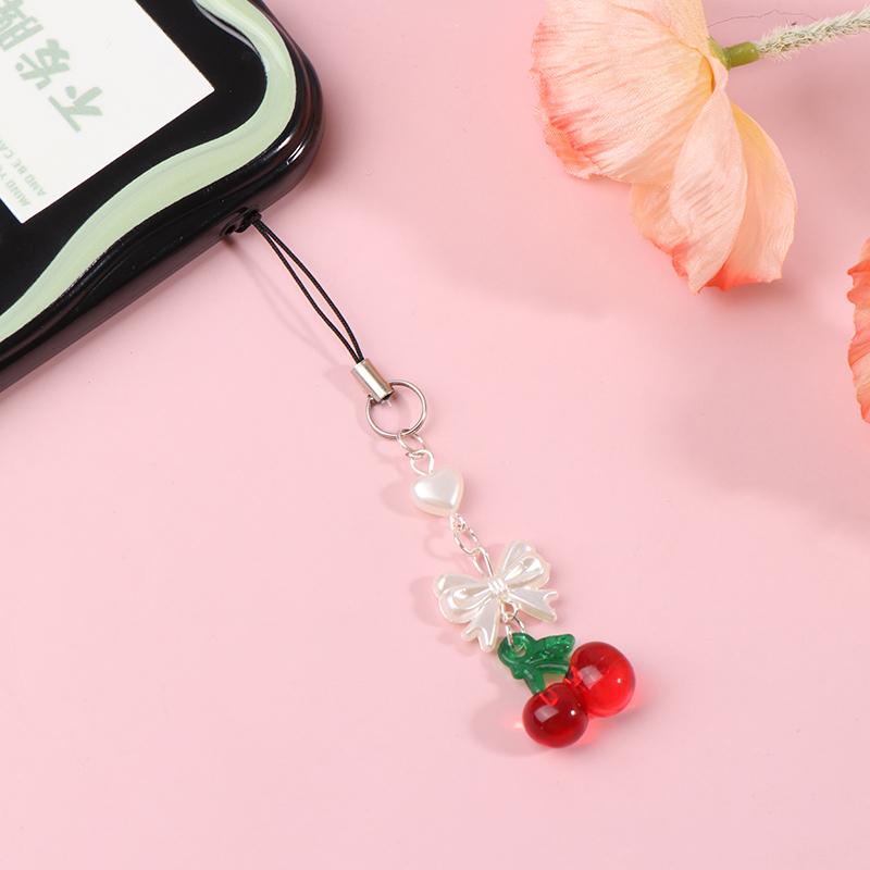 Y2K Cute Bow Cherry Phone Lanyard Sweet Summer Mobile Phone Chain For Girls Korean Beaded Cell Phone Charm Keychain