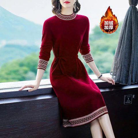 Fleece Autumn and Winter New Medium and Long Skirt Base Fashion Temperament Waist Thin Lady Solid Color Dress