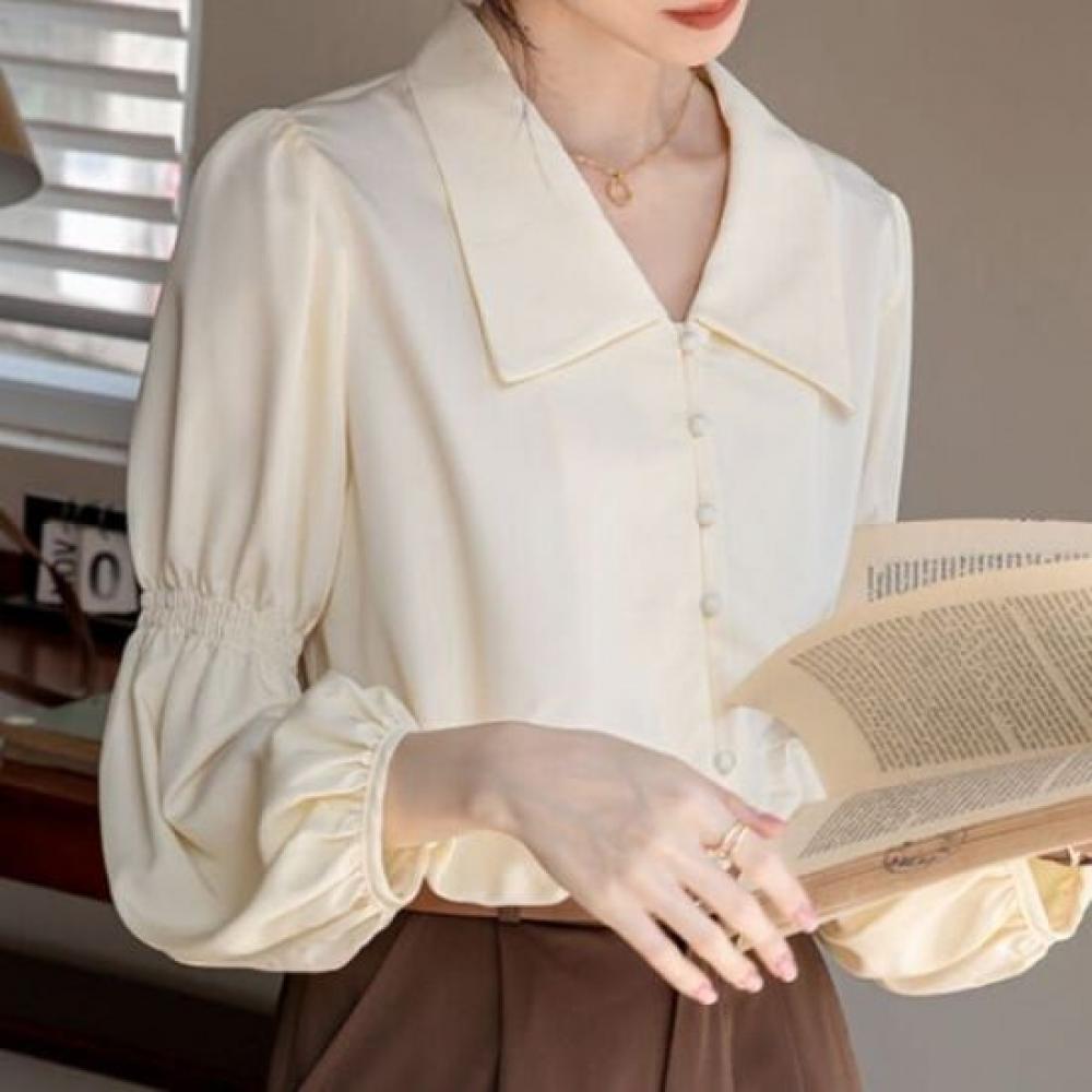 Navava Women Lovely Shirring Puff Long Sleeve Collar Blouse Nb3022