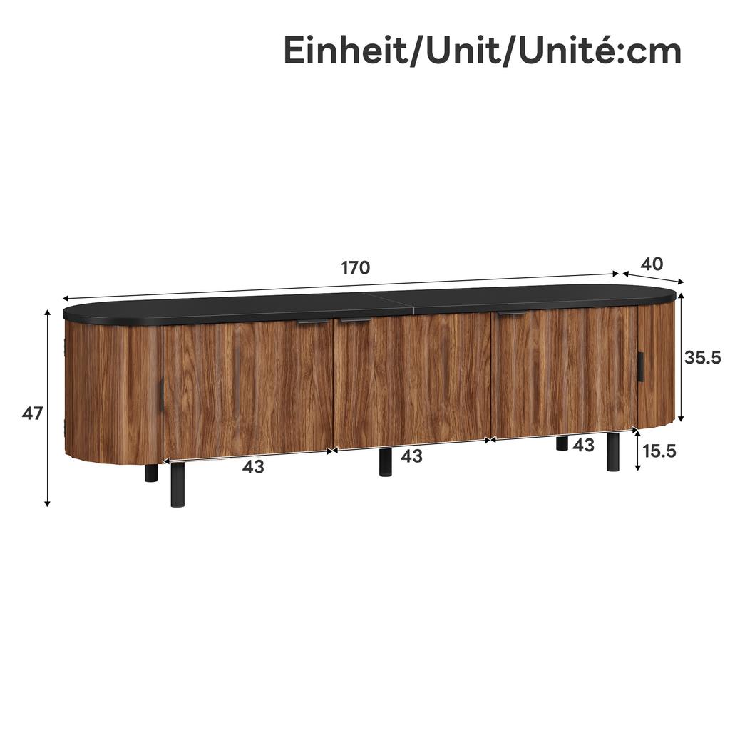 TV-Lowboard aus MDF mit 5 Türen, geriffelte Front, abgerundete Seiten, Eisenfüße und Eisenhenkel