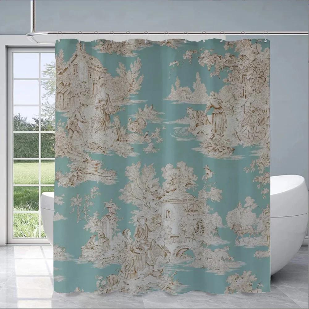 Rustic Countryside Toile Print Water-Resistant And Mildew-Resistant Shower Curtain With Classic Design For Bathroom Decor