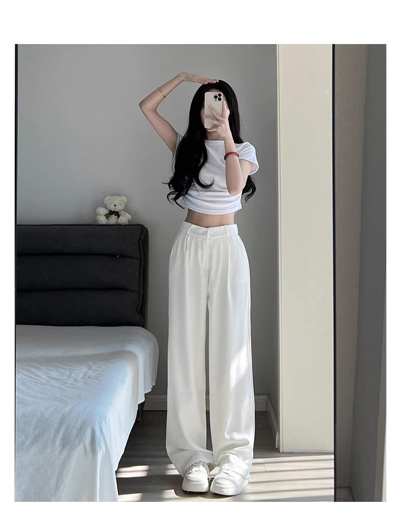 Women's 2024 High-Waist Black Wide-Leg Drape Suit Pants - Slim, Casual, Straight Fit for Spring
