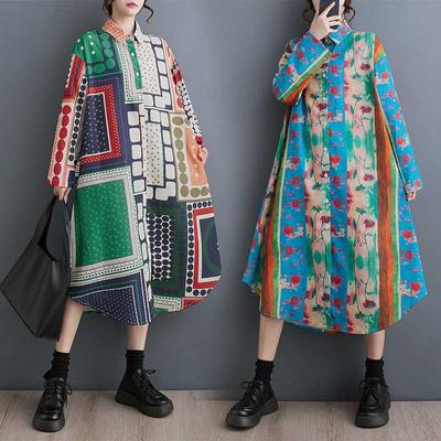 Plus Size Blouse Dress Women New Spring Style Beach Dress Long Dress Fashion Loose Casual Printing Dresses