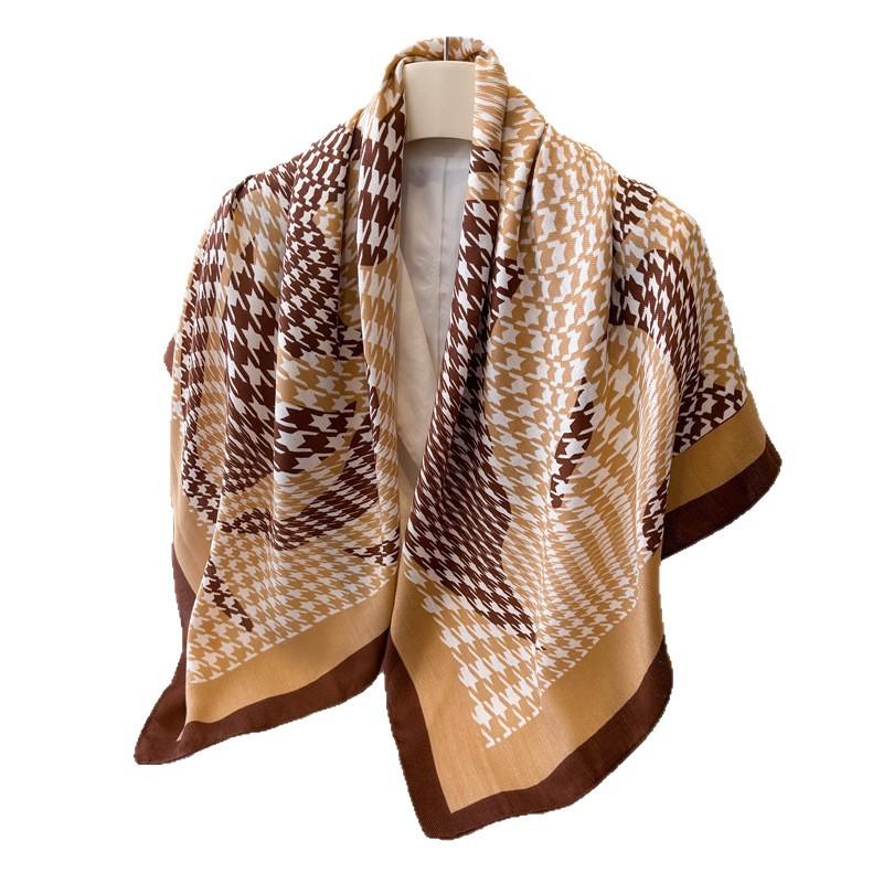 Temperament Thousand Birds Plaid Simulation Silk Large Square Scarf Retro Printed Shawl Neck Silk Scarf Herringbone Women's Scarf Headscarf