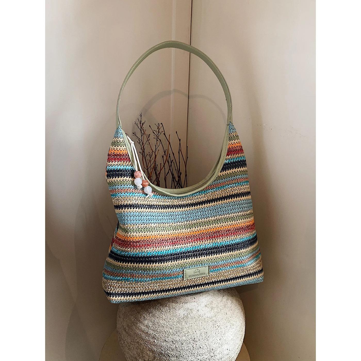 

Летние сумки большой вместимости из радужной соломы для женщин, модная сумка на одно плечо для дальних поездок, женская повседневная сумка-ведро