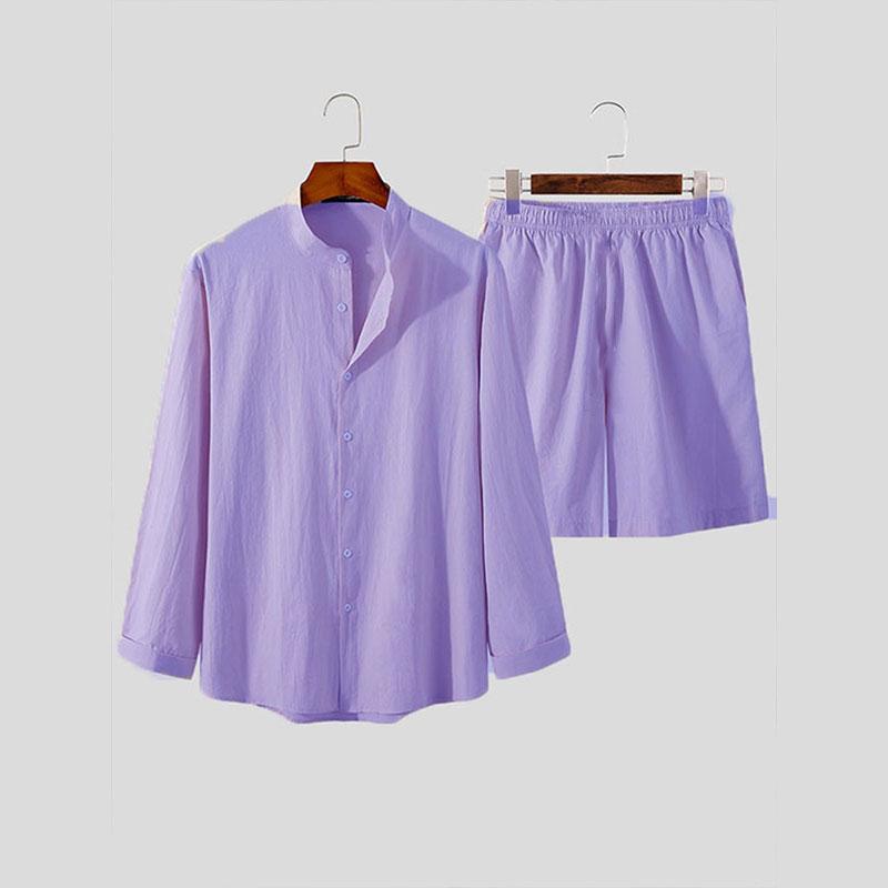 Men's Hawaiian Suit Summer Solid Color Stand Collar Long Sleeve Shirt Beach Shorts Streetwear High Quality 2-Piece Set