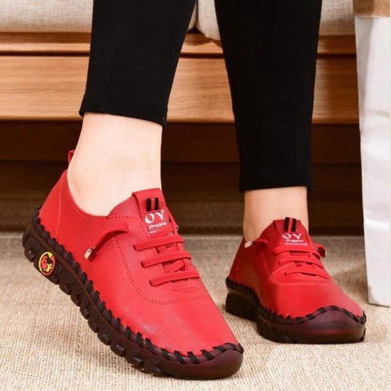 Spring and Autumn Hand-stitched Single Shoes, Large Size Women's Shoes, Middle-aged Mother Shoes, White Shoes, Flat Casual Shoes