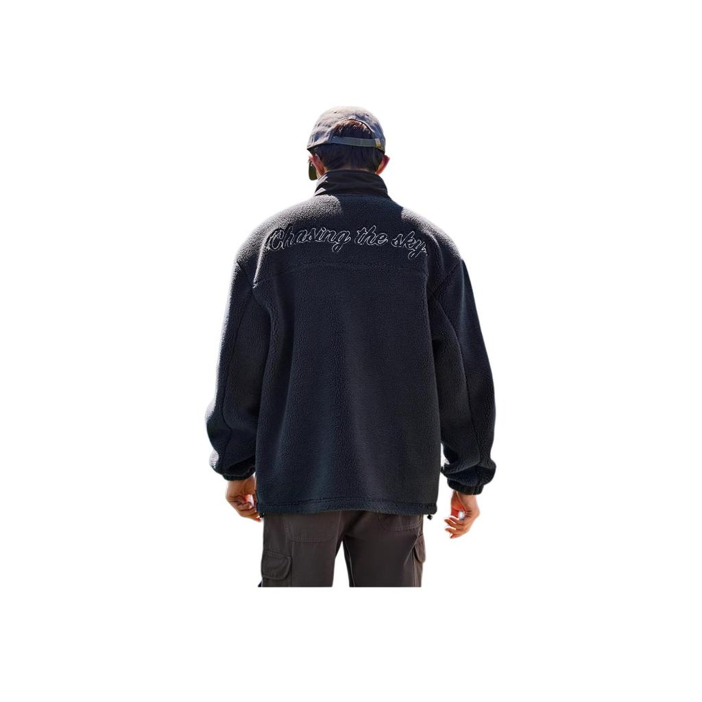 Anta Life Series Fleece-Lined Jacket With Back Letter Print And Zippered Stand Collar Men Jacket Black 952238611-2