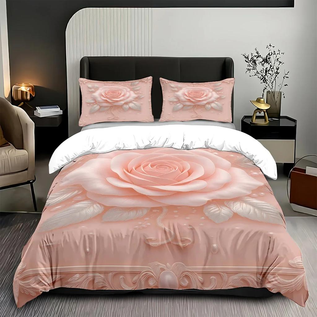 3Pc Imitation 3D Pink Rose Print Coreless Bedding Set Soft And Comfortable Bedroom Dormitory Multiple Sizes Machine Washable