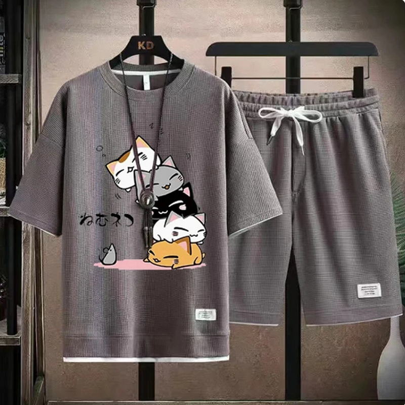 

2024 Мужской летний вафельный комплект, брендовая мода, повседневный комплект из футболки и шорт, мужской спортивный комплект, свободный, удобный, комплект из двух предметов M