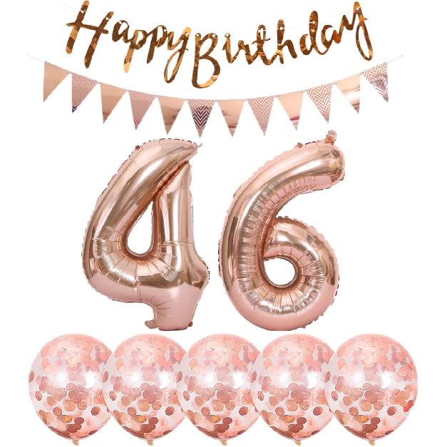 2 Balloons Number 46+ Haappy Birthday Garland + Rose Gold Banner Foil Balloon 46th Birthday Decoration+5 Confetti Balloons Boy Girl 46 Year Birthday