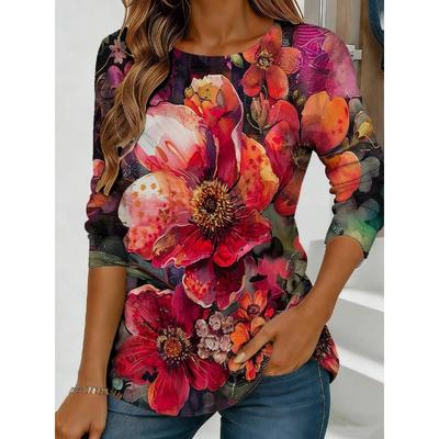 Damen Blumenprint Langarm-T-Shirt, Lässiger Rundhalsausschnitt, Lockerer Schnitt, Atmungsaktiv, Tägliches Sommer-Mode-Oberteil