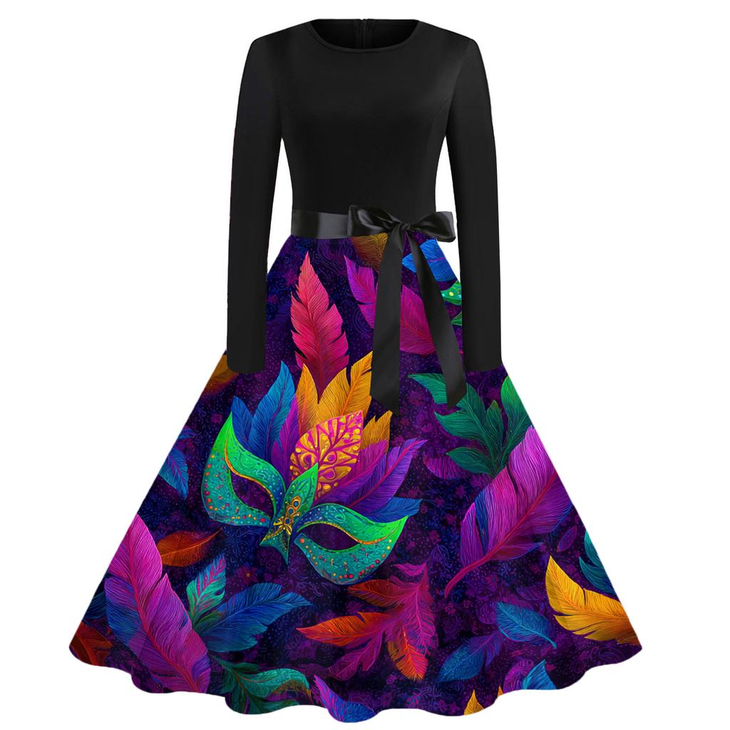 Damen Casual Mode Rundhals Karneval Bedrucktes Vintage Kleid