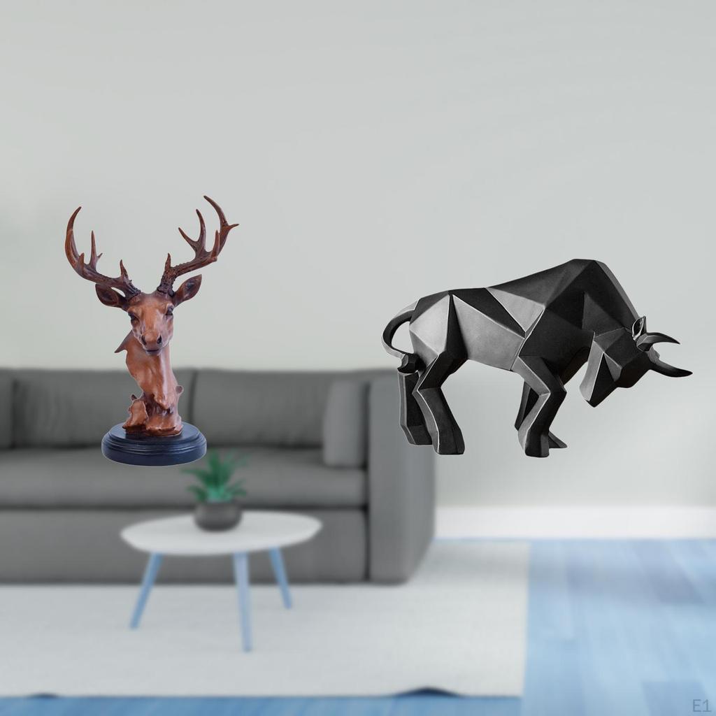 Deer Bull Head Ornament Resin Animal Figurine Sculpture Decorative Adornment for Home Entryway