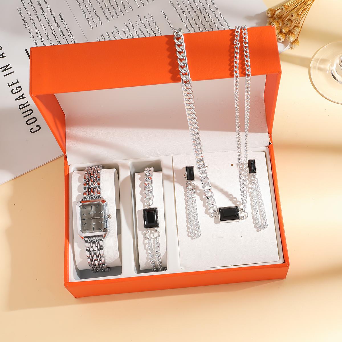 

Без подарочной коробки, простой дизайн маленькие квадратные часы; дизайн циферблата в виде точек и линий, простой стиль, набор из пяти ювелирных изделий. серебряный