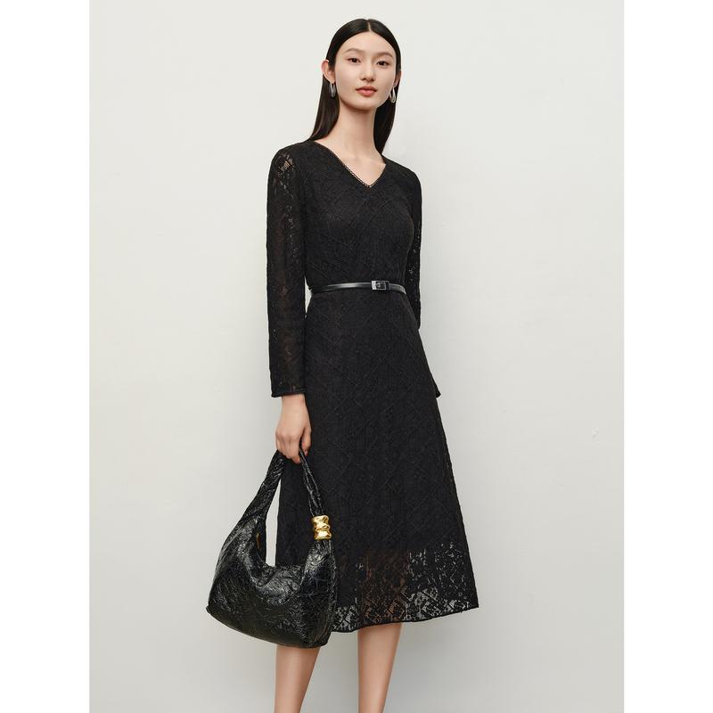 Jiuzi Anna Kou Romantic, Elegant, and High end V-neck Lace Light Dress for Women 2024 Autumn New Collection