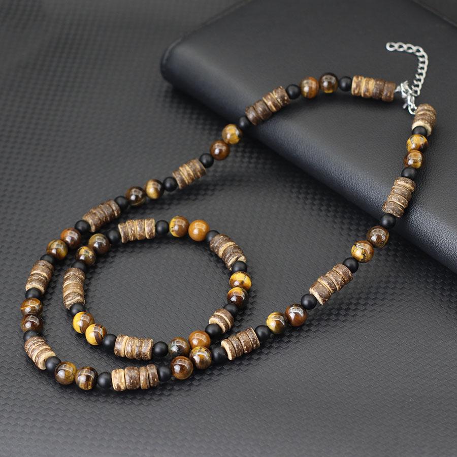 2Pcs Jewelry Set Natural Coconut Husk Wood Necklace Bracelet Men 18 Inches Short Collar Volcanic Tiger Eyes Stone Colar Pulsera