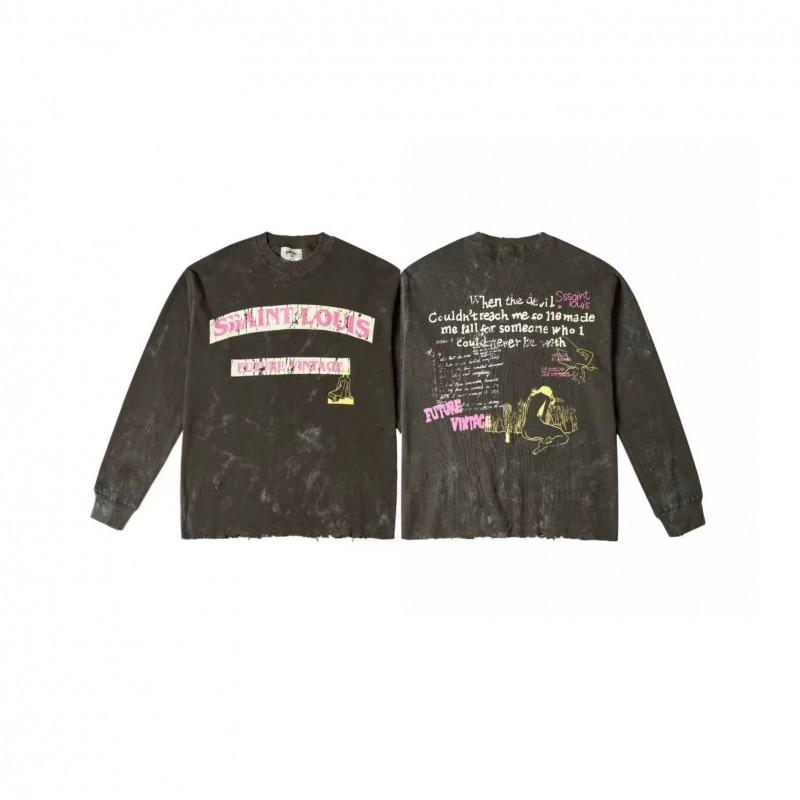 Mens Oversized Cotton Long Sleeve Crewneck Sweatshirt With Washed Vintage Letter Print