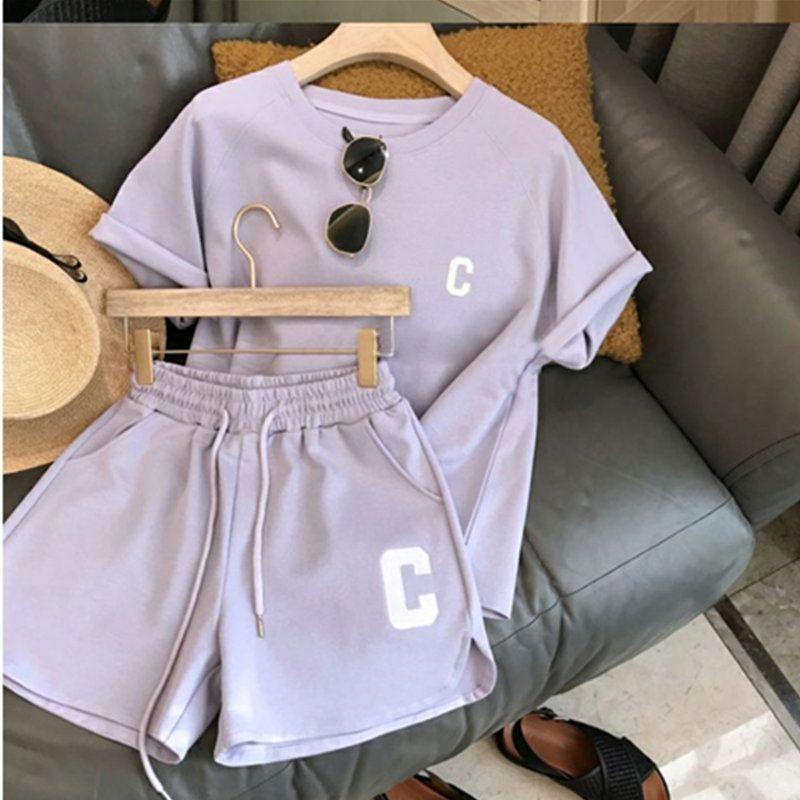 

Буквы Модный Повседневный Комплект из Двух Предметов с Коротким Рукавом и Шортами для Женского Лета Новый Свободный Простой Большого Размера Комплект M