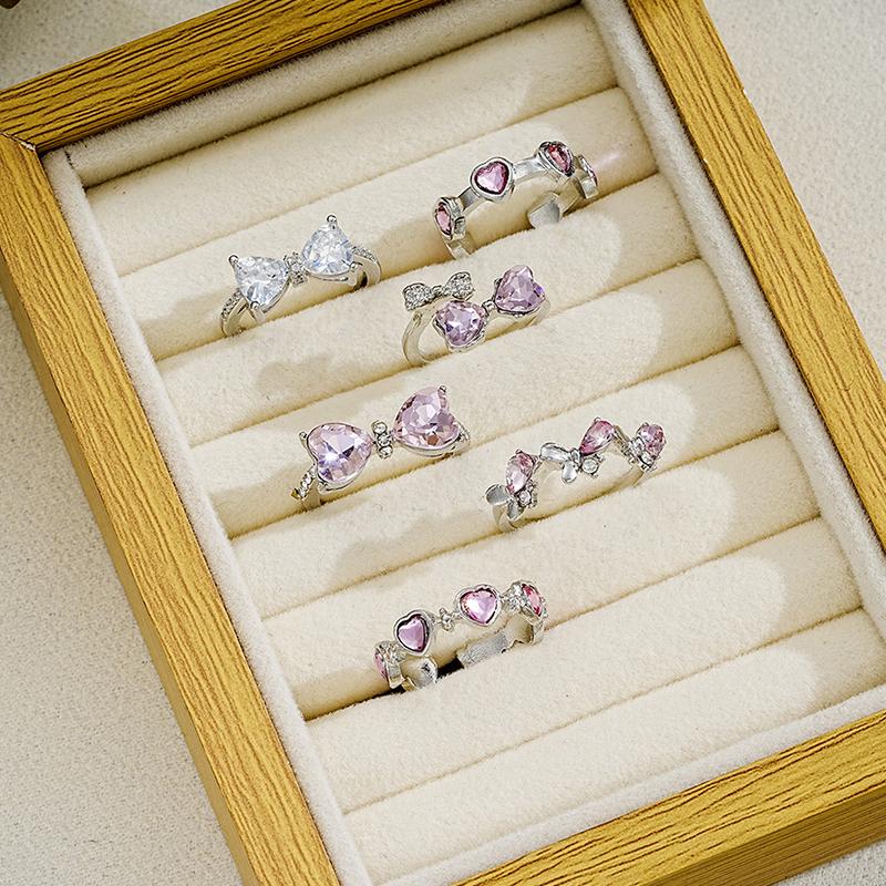 Vintage Y2K Pink Heart Zircon Bowknot Ring For Women Boho Kpop Sweet Girls Open Finger Rings Party Gift Jewelry