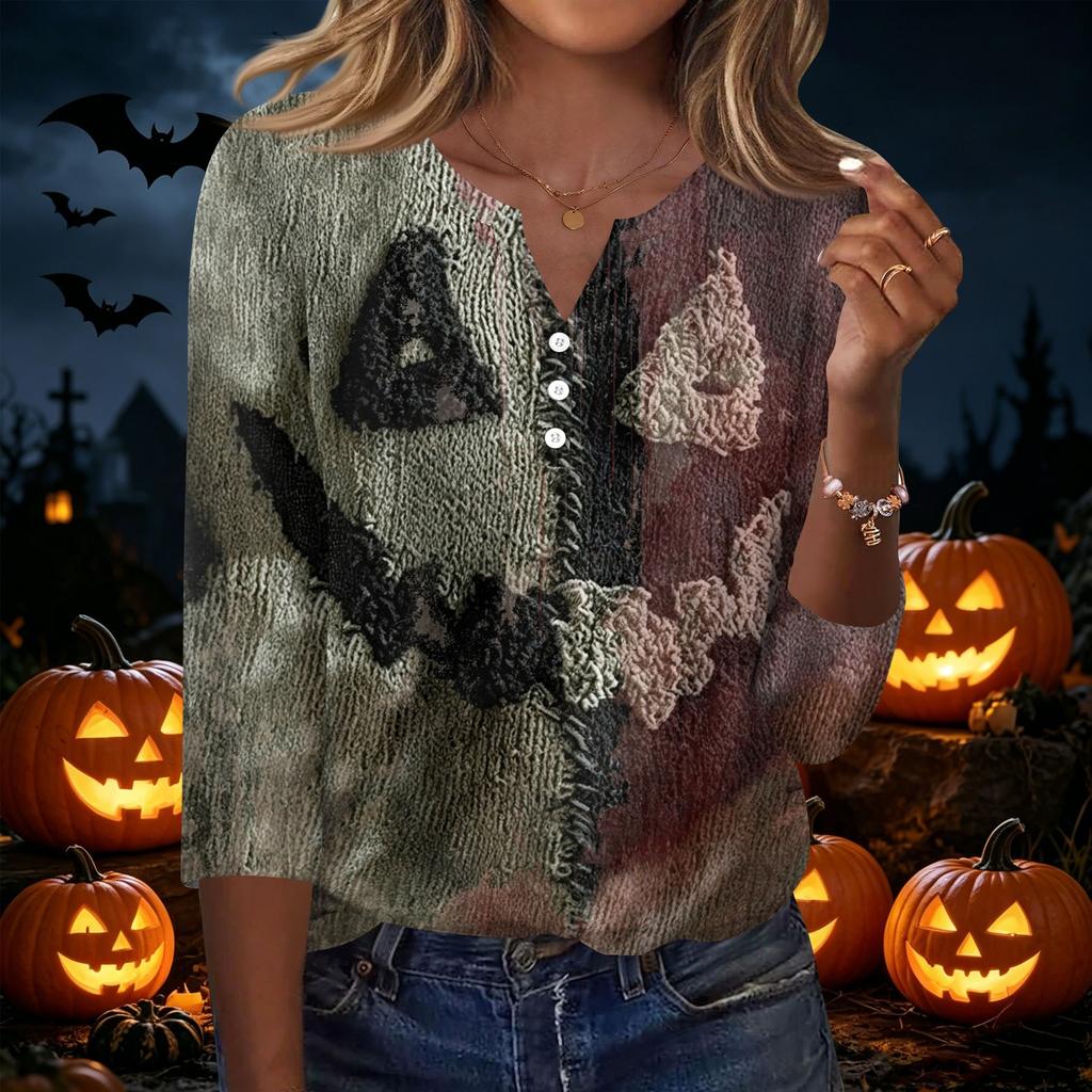 Women's Halloween Printed V Neck Button Front Three Quarter Sleeve Casual Top Lightweight Soft Fabric Comfortable Fit