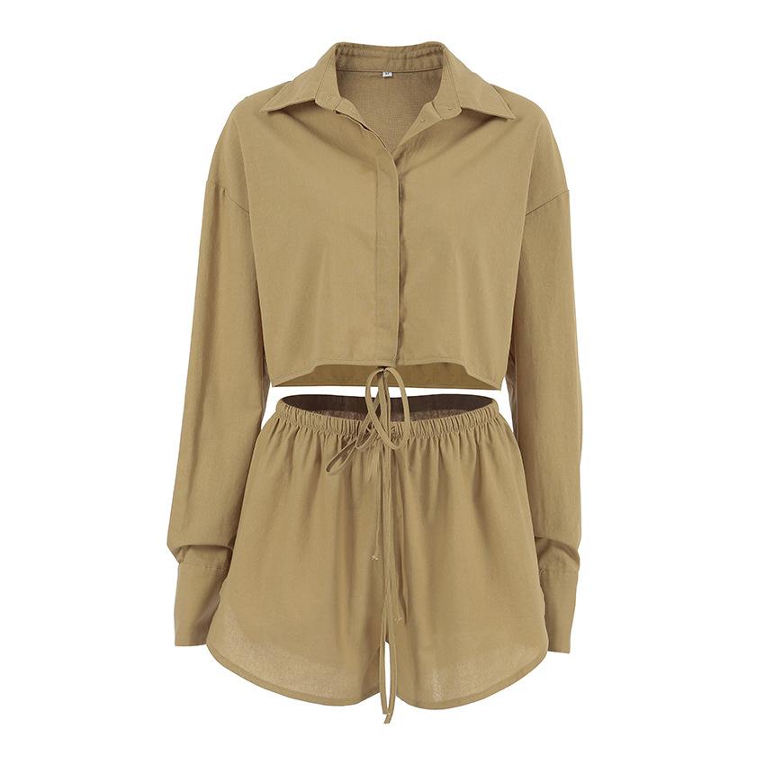 European and American minimalist fashion khaki cotton-linen shirt and shorts two-piece set, summer loose casual top set