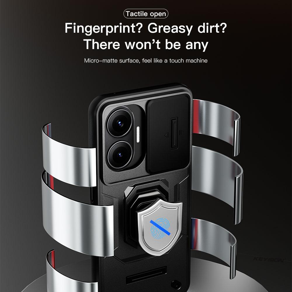 KEYSION Shockproof Armor Case for Xiaomi POCO F7 5G Slide Camera Lens Protection Ring Stand Phone Cover for Redmi Turbo 4 Pro
