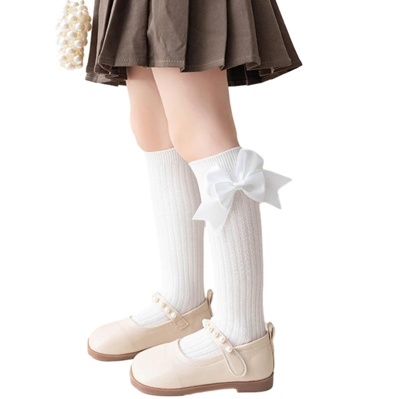 Girls Knee High Cotton Socks Big Ribbons Bow Back To School Socks, Ribbons Bows Long Socks Uniform Party Wear Stockings