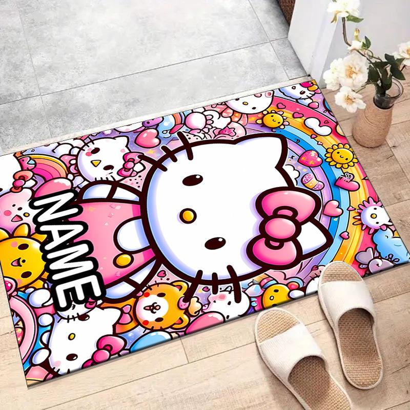 Custom HelloKitty Mat Personalized Name, Polyester Washable Indoor Entryway Rug, Gift for Christmas, Easter, Thanksgiving Day