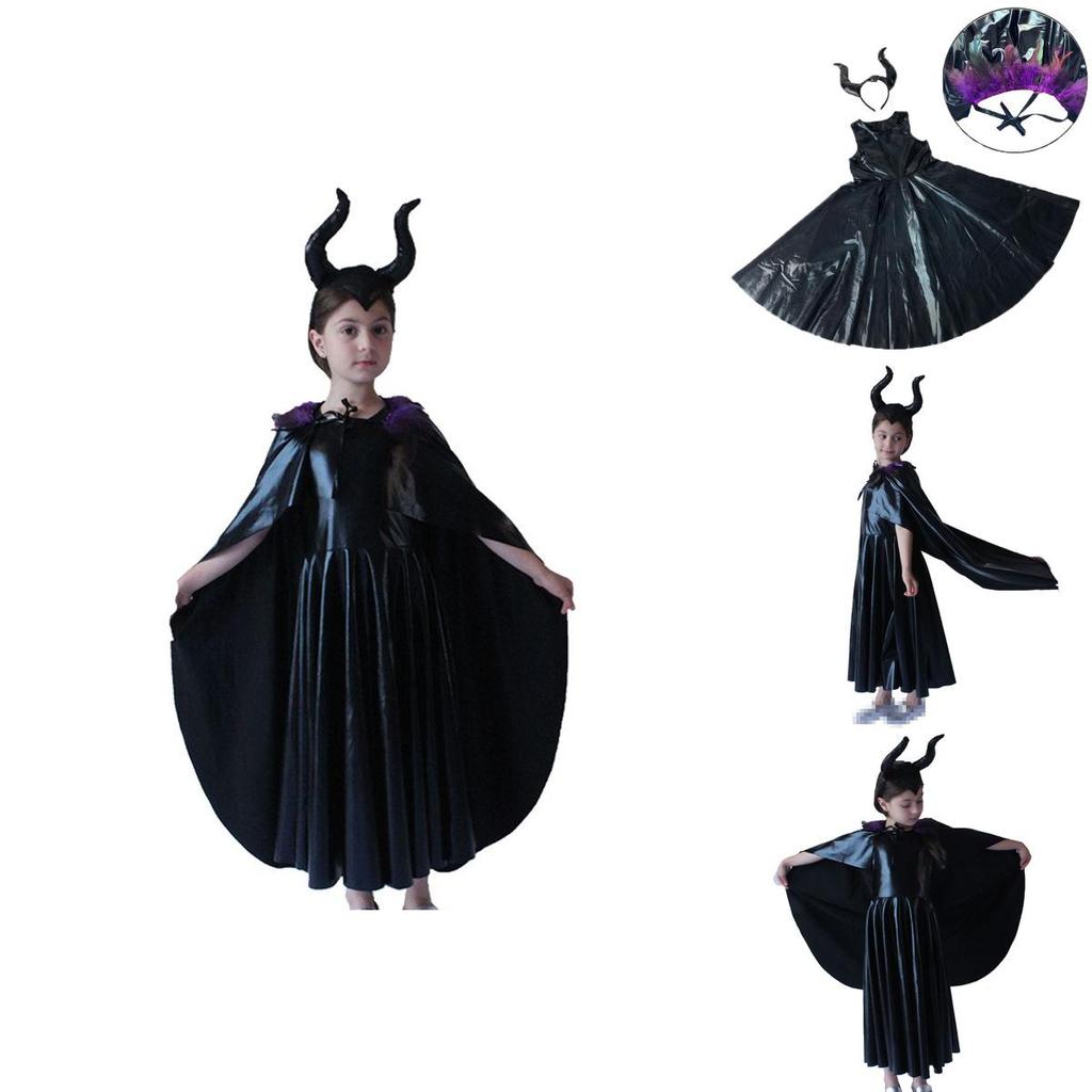 Captivating Maleficent Sorceress Evil Queen Girls Fancy Dress Halloween Costume With Horned Headwear