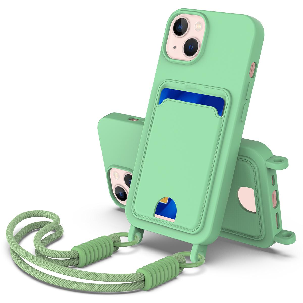 

For iPhone 14 Plus/iPhone 15 Plus Liquid Silicone Case Phone Back Cover with Card Holder and Short Strap Green