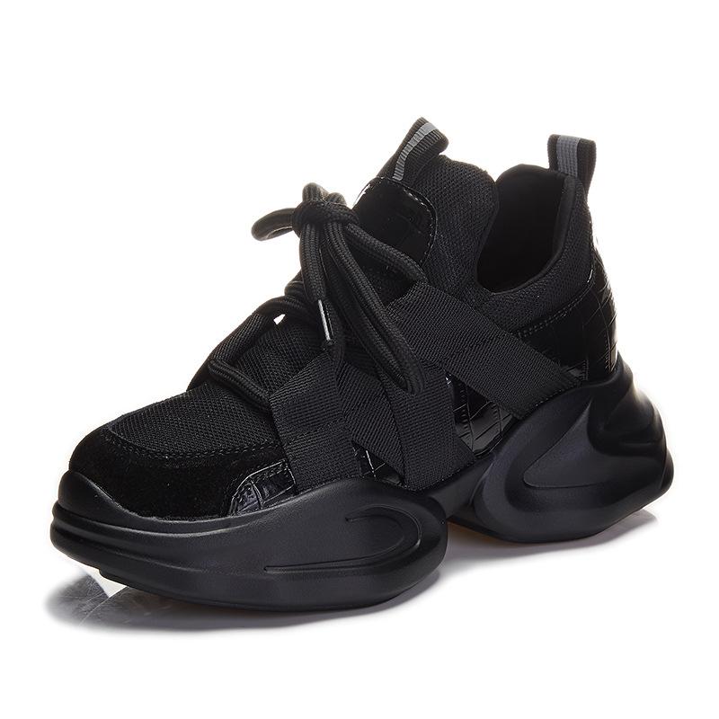 "2024 Women’s Genuine Leather Dad Sneakers - Korean Style, Black, Thick Sole, Height Boost, All-Match for Spring & Autumn"