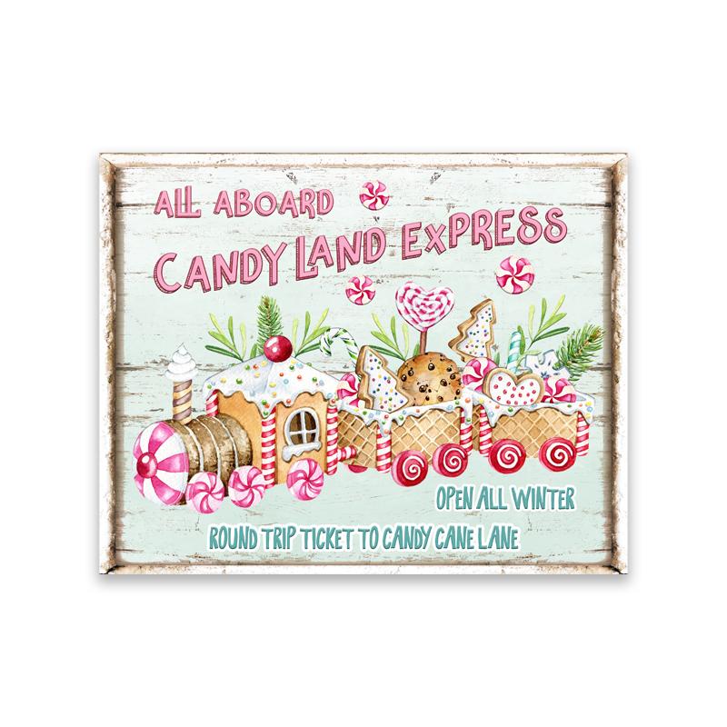 Kitchen Christmas Wall Art Print Hot Chocolate, Candyland Express, Gingerbread Bakery Sign Poster Vintage Canvas Painting Decor