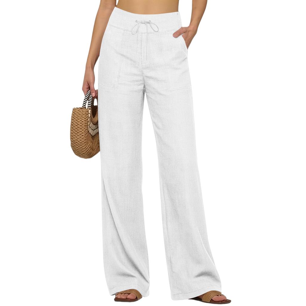 Women’s Wide Leg Linen Pants with Drawstring Waistband Loose Fit Casual Trousers with Pockets for Everyday Wear
