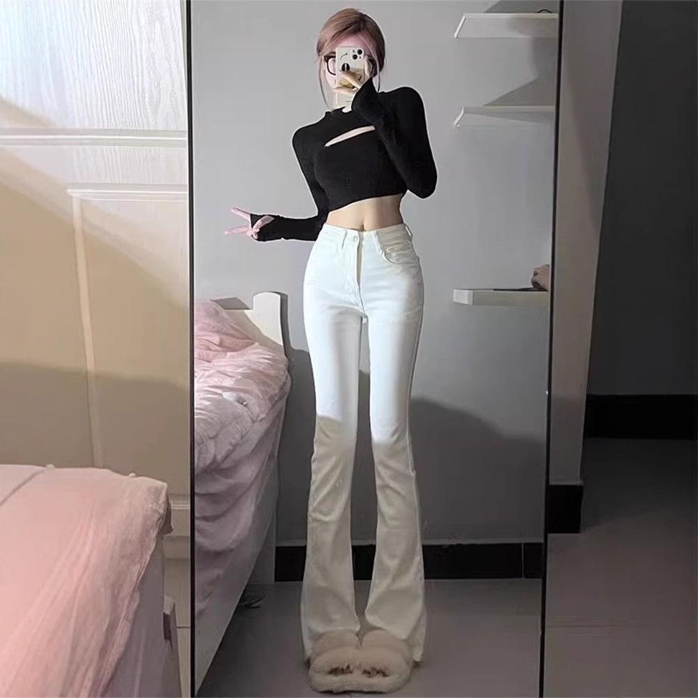 White High-Waisted Elastic Micro-Flare Jeans: Slimming, Floor-Sweeping, Perfect for Spring & Autumn