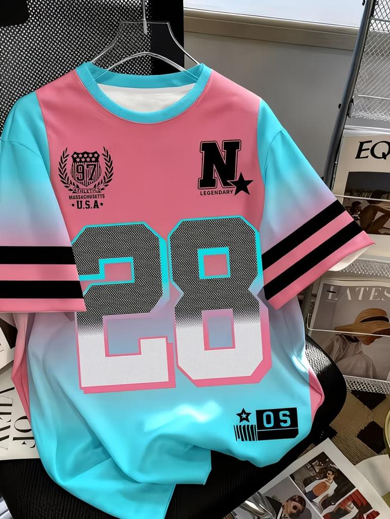 2026 Summer Children's Number Digital Print Pattern Sports American Style Top Round Neck Short Sleeve Cute T-Shirt Girls Clothes