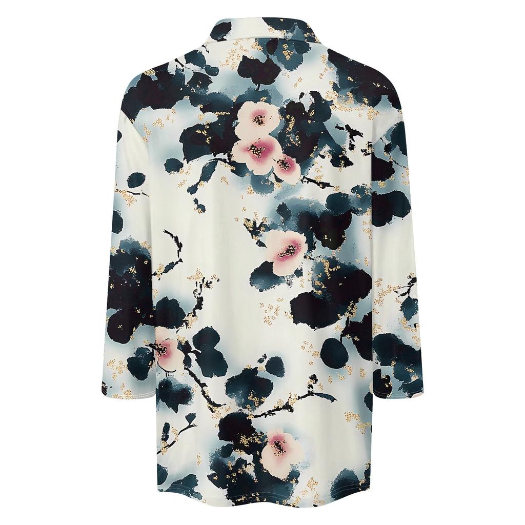 Women's Fashion Casual Lapel 3/4 Sleeve Printed Shirt Women's V Neck  Up Tops