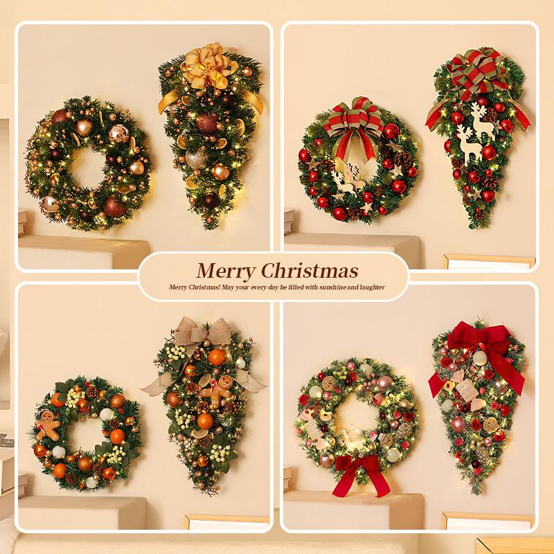 Handmade PVC Christmas Wreath Hanging Ornament Indoor Small Pine Needle Cones with Upside Rattan Bow Pendant Indoor Decorations