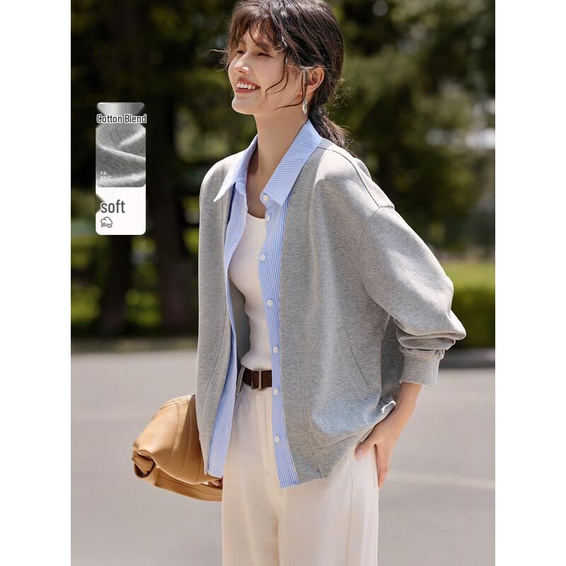 

Women s Knitted Fake Two-Piece Spliced Shirt Collar Jacket M