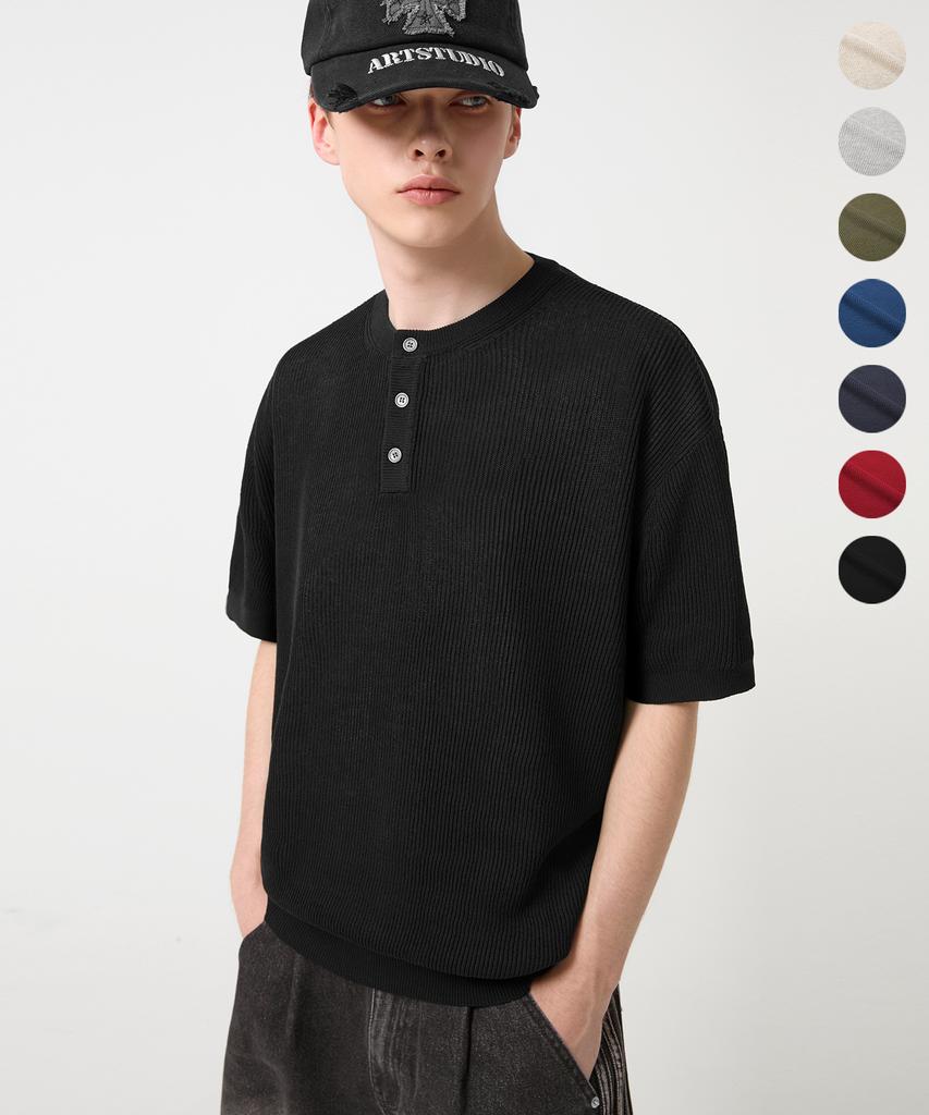 TRILLION Washable Linen Crop Henley Neck Short Sleeve Knit_7 Colors (Type A)