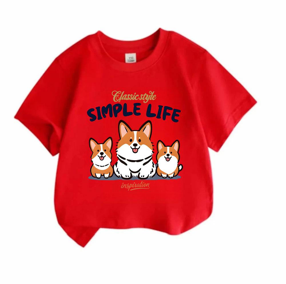 Kids Boys Girls 100% Cotton Crew Neck Short Sleeve T-Shirt, Cute Three Smiling Corgi Dogs Simple Life Print Casual Breathable Tee for Daily Summer Wea