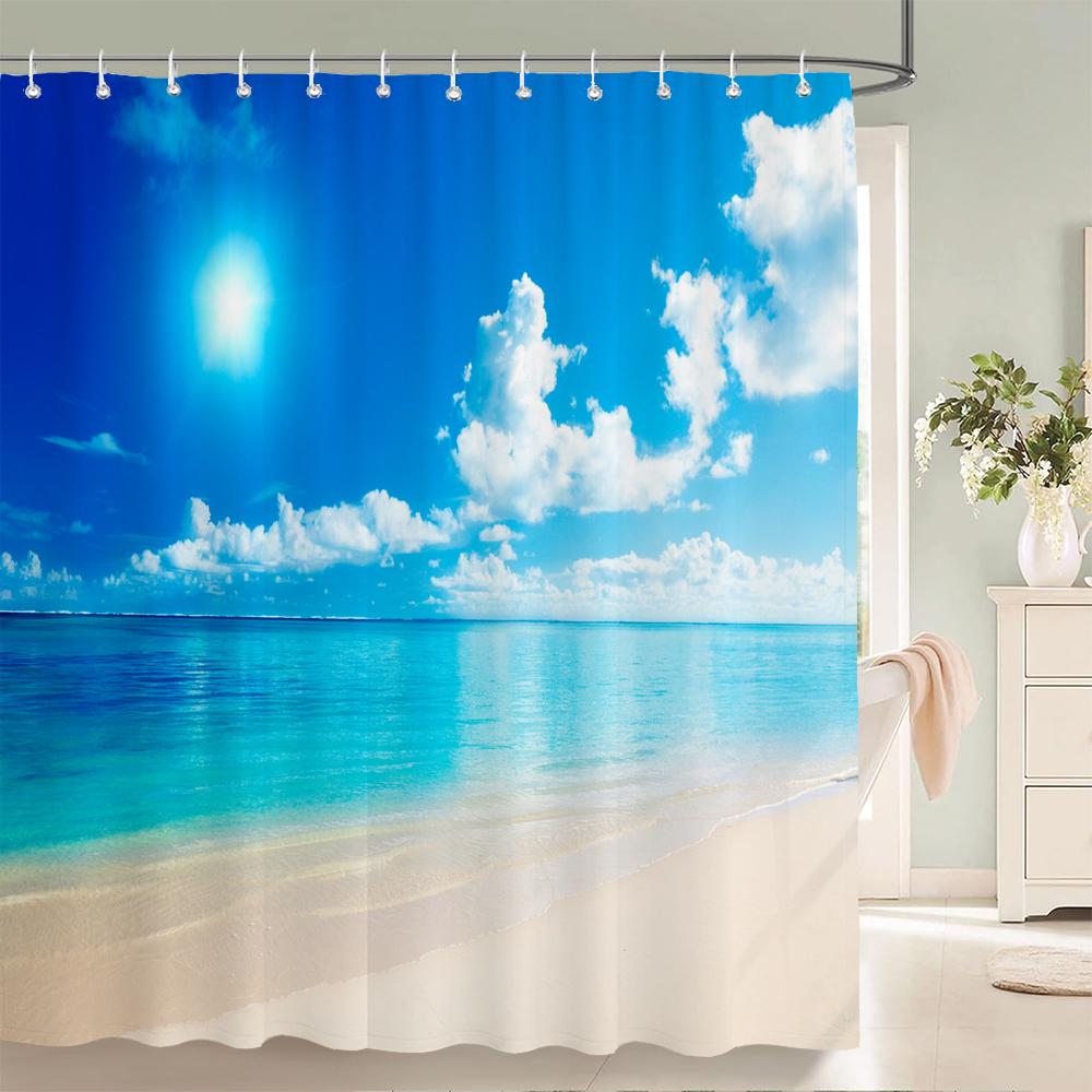 Bathroom Waterproof Shower Curtain Sunset Dusk Beach Scenery Seaside Printing Polyester Home Decoration Curtain With Hook