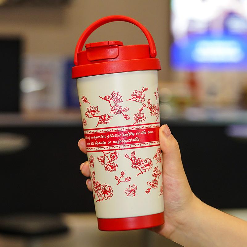 New High Appearance Level Accompanying Coffee Cup Lily of The Valley Stainless Steel Thermos Cup Double Drink with Handle Portable Women's Water Cup