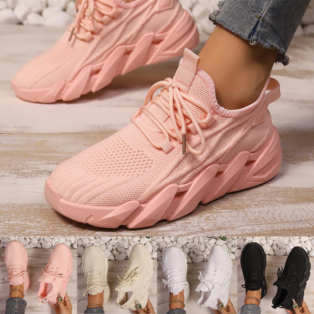 Women's Solid Color Casual Sneakers, Mesh Lace-Up Fly-Woven Breathable Running Shoes, Lightweight and Comfortable Low-Top Casual White Shoes